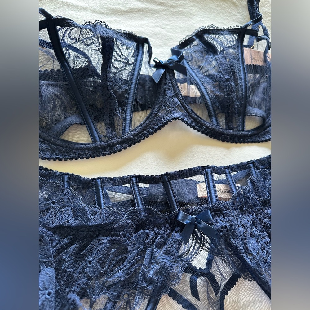 NWT Agent Provocateur Rozlyn Navy Balconette and Garter Thong Set 38E & 6 Rare - Picture 7 of 17
